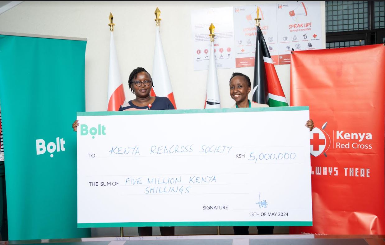 From Left, Susan Mwihaki, Deputy Secretary General, Kenya Red Cross Society with Linda Ndungu, Country Manager, Bolt during the partnership announcement of Bolt’s support for flood victims at the Kenya Red Cross offices.
